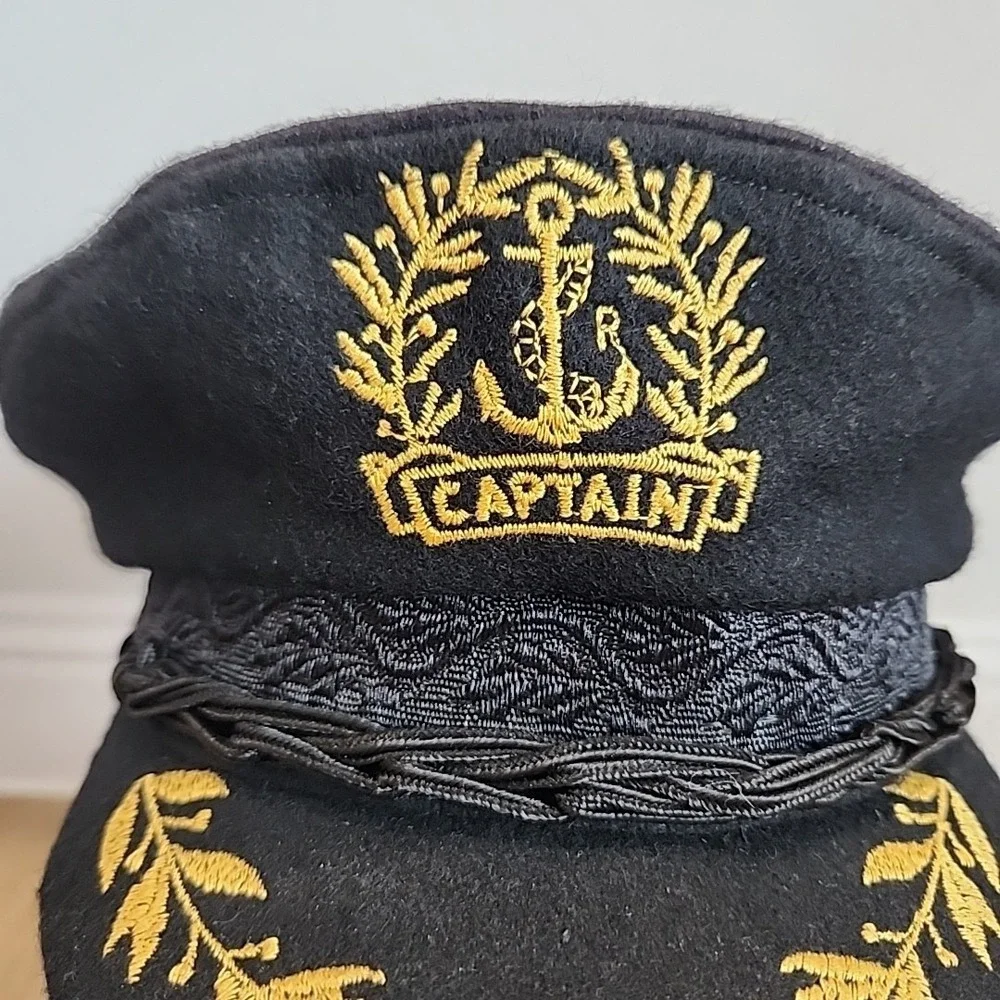 Vintage‎ RARE Aegean Greek Fishermans Captain Cap Black Wool Greece Costume Prop
